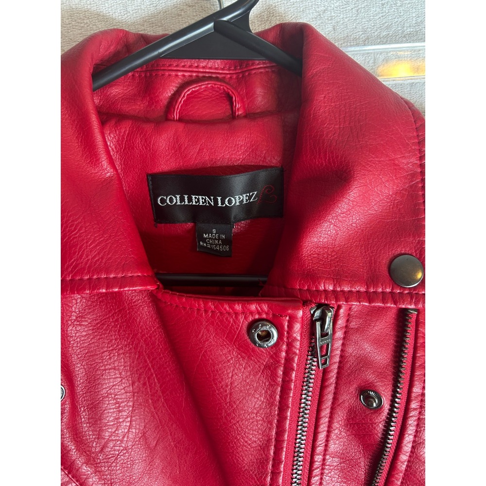 Colleen Lopez Red Faux Leather Moto Biker Jacket Studded Accents 612244 Womens S